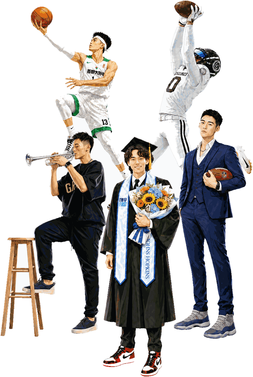 Illustration of Ziwen (Adam) Zhang in five roles: basketball, football, trumpet, Johns Hopkins graduation, and business