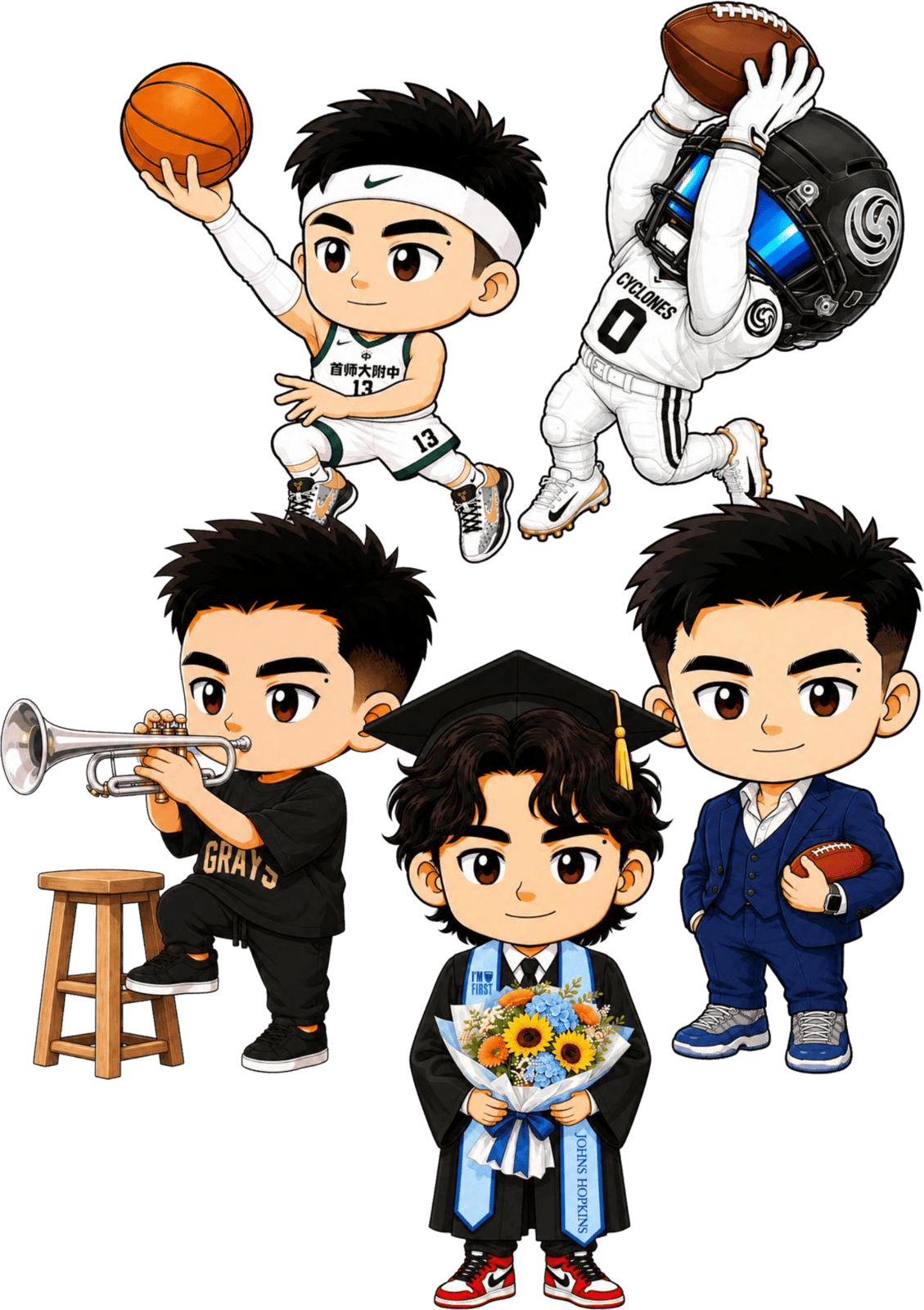 Adam Zhang as five characters: basketball, football, trumpet, graduation, business