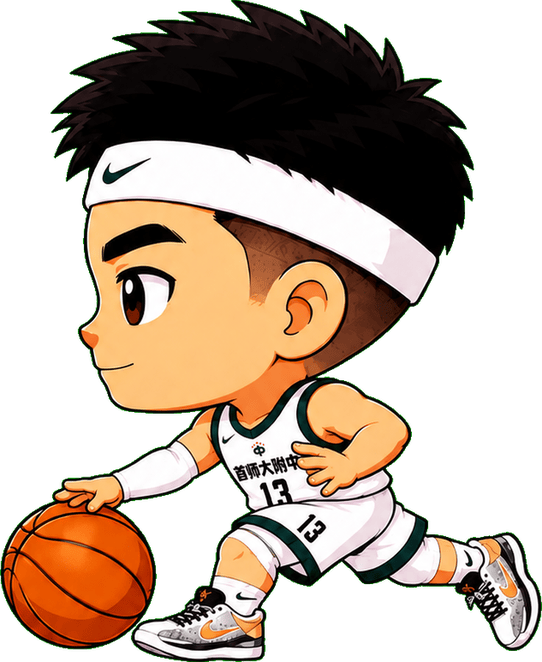 Q-version Adam dribbling in a white basketball uniform