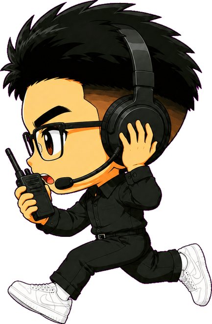 Q-version Adam running with a headset and a walkie-talkie