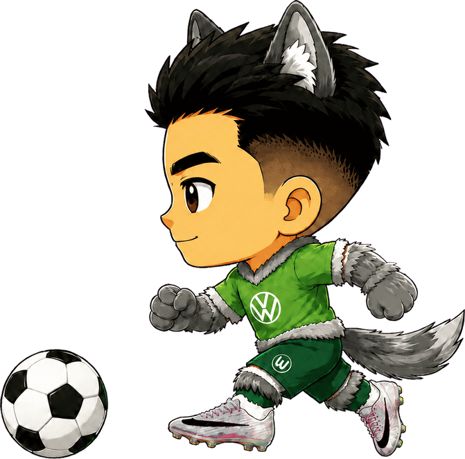 Q-version Adam in a VfL Wolfsburg kit with a soccer ball