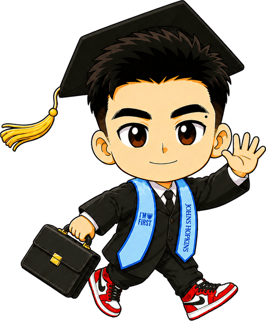 Q-version Adam in cap and gown carrying a briefcase